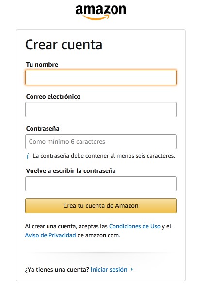 Crea tu cuenta de Amazon